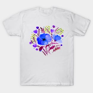 Watercolor poppies bouquet - electric blue and purple T-Shirt